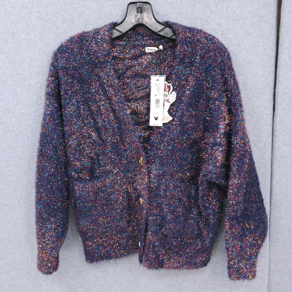 Disney Minnie Mouse Majorette Purple Multi V Neck Button Cardigan Womens S NWT